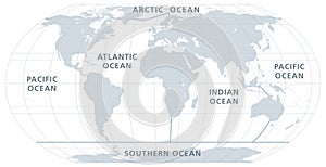 The five oceans of the world, model of oceanic divisions, gray map photo