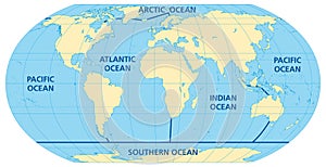 World map of the five oceans, model of oceanic divisions with boundaries photo