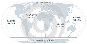 The five oceans of the world, model of oceanic divisions, gray map