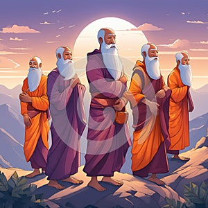 five old ascetic with red cloths on mountain illustration photo