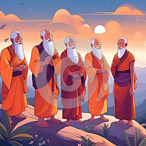 five old ascetic with red cloths on mountain illustration photo