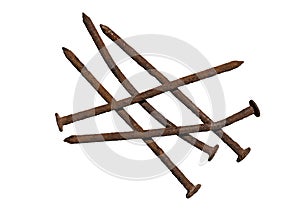 Five old rusty and crooked nails isolated