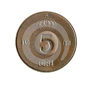 Five ore coin made by Sweden in 1966