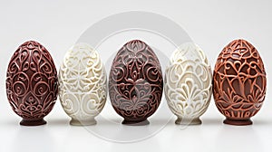 Five ornate chocolate Easter eggs in brown and white