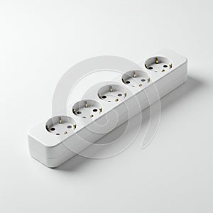 Five-outlet power strip with a white casing. Each outlet is designed for European plug