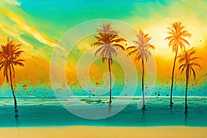 Five palm trees stand on the wet sand against the background of the turquoise sea and clouds illuminated by the warm