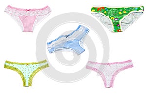 Five panties on white background