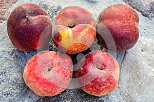 Five peaches close-up on a stone table