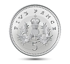 Five Pence coin isolated on a white background.