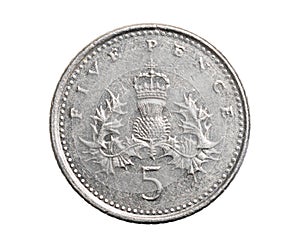 Five pence coin on white isolated background