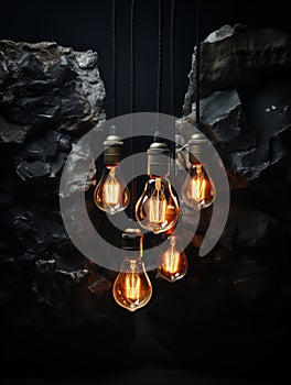 Five pendant tungsten light bulbs on black rocky background. Warm glow of modern lamps with vintage design. Generative AI
