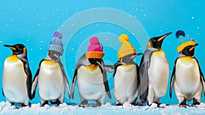 five penguins with hats on and one penguin wearing a hat