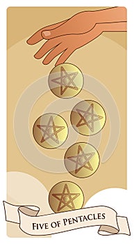 Five of pentacles. Tarot cards. Hand letting go five golden pentacles on clouds background