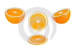 Five photos of half oranges and slices