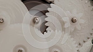 five plastic gears rotate in mutual mesh inside a small reduction gear