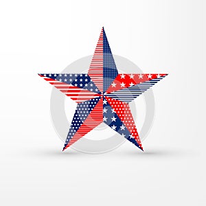 Five-pointed star on white background with USA flag pattern, can be used for American holidays decoration, star in