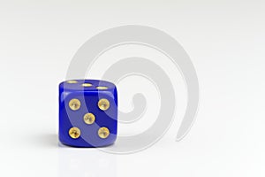 Five points on single blue dice isolated on white background
