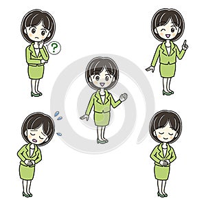 Five poses of a young woman in a green suit