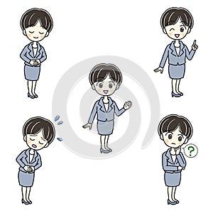 Five poses of a young woman in a grey suit