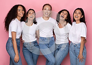 Five Positive Millennials Ladies Hugging Posing Together In Studio