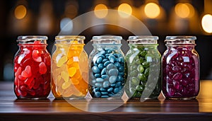 Five preserving jars on kitchen cupboard with assortment of colorful candy. Concept of sweets, choice, selection