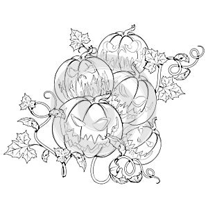 Five pumpkins with funny faces for Halloween. Black illustration