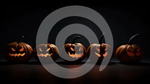 five pumpkins in a row in a dark room