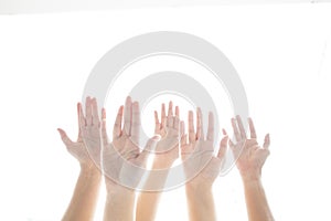 Five raising hands participation with isolated white background and copy space