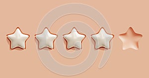 Five rating stars. Glossy reviews stars on peach background. Customer feedback or customer review concepts