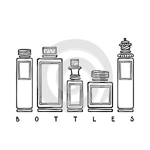 Five rectangular antique glass perfume bottles with antique caps. Black and white fashion sketches. Vector illustration