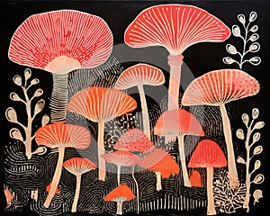 five red mushrooms in the Mysterious Jungle Encaustic Lino Print With Mushroomheads.