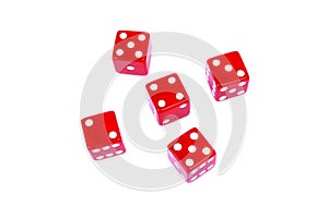 Five red plastic dice isolated