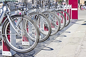 Five rental bicycles parked on a italian street - image with cop