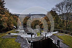 Five Rise Locks in Bingley captured on an autumn day under the gloomy clouds