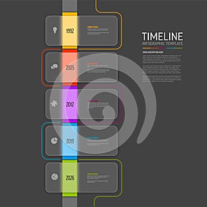 Five semitransparent glassy rounded rectangles timeline process infographic on dark background