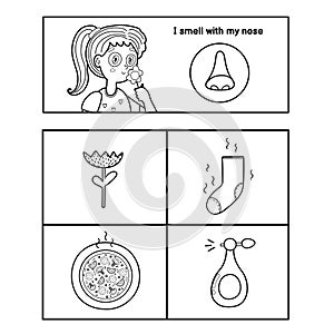 Five senses black and white poster. Smell sense coloring page for kids