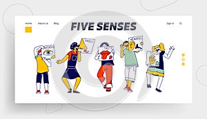 Five Senses of Human Perception Landing Page Template. Kids Hold Cards Vision, Smell, Taste, Hearing and Touch Feelings