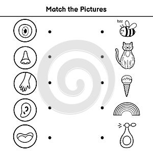 Five senses matching game for kids. Match the pictures activity page