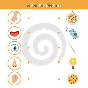 Five senses matching game for kids. Sight, touch, hearing, smell and taste