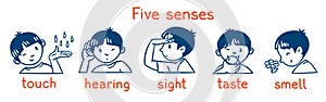 Five senses monochrome icon set. Boys illustration