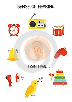 Five senses poster. Sense of hearing. Worksheet for kids.