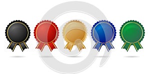 five set of award ribbons on a colorful design isolated white background