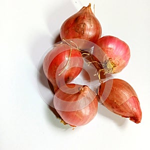 five shallots on a white background