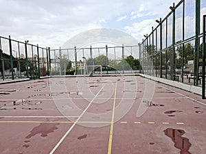 Five-a-side football field just after rains, a version of minifootball, in which each team fields five players (four outfield