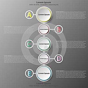 Five simple 3d paper circles on colorful time line in vertical for website presentation cover poster design infographic