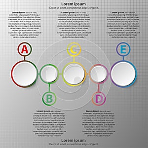 Five simple 3d paper circles on colorful time line for website presentation cover poster design infographic illustration co