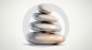 Five smooth, rounded stones stacked in a vertical arrangement, balancing precariously. Each stone