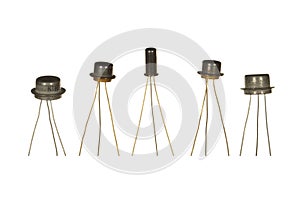 Five Soviet-made transistors isolated on white background.