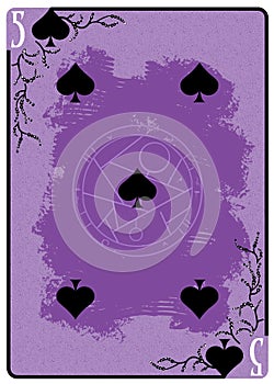 Five of Spades playing card. Unique hand drawn pocker card. One of 52 cards in french card deck, English or Anglo-American pattern photo
