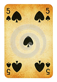 Five of Spades Vintage playing card - isolated on white